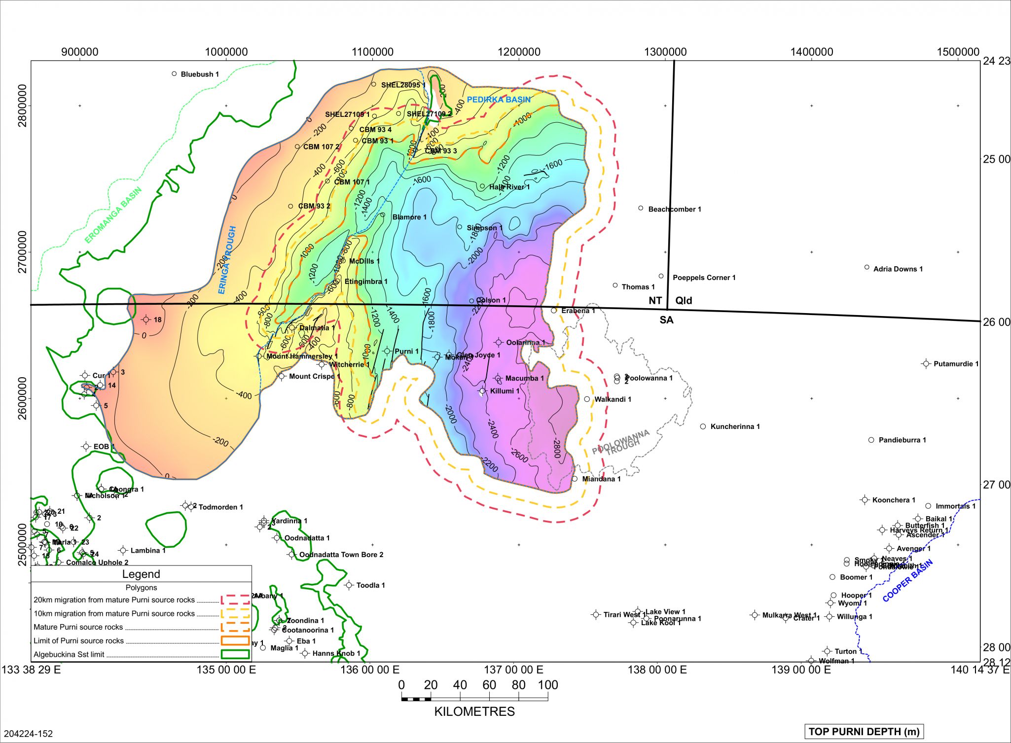 Potential limit of migration extent from marginally mature Purni Formation source rocks in the Poolowanna Trough region