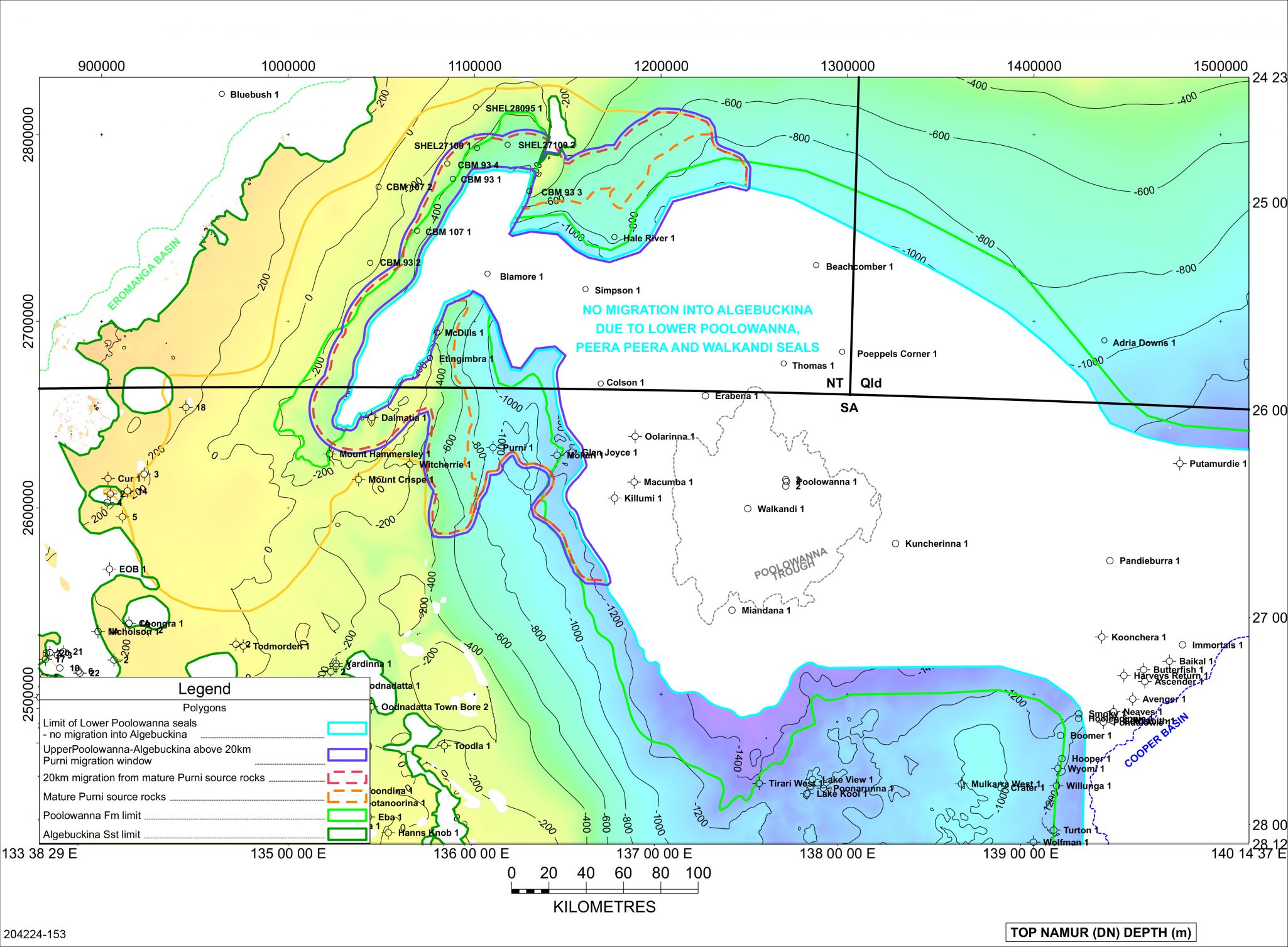 Potential limit of migration extent from marginally mature Purni Formation source rocks into Algebuckina Sandstone reservoirs