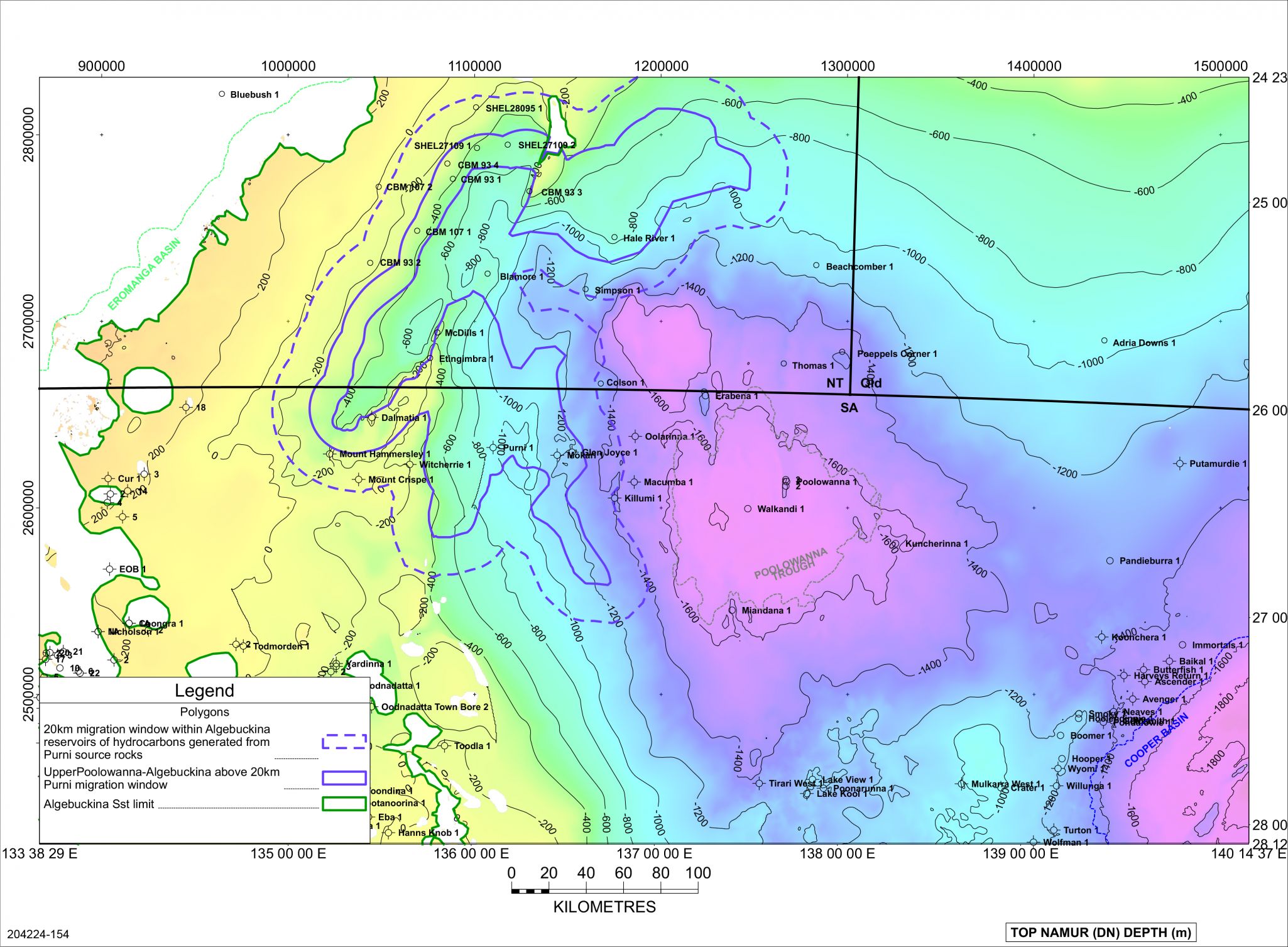 Potential limit of migration extent from marginally mature Purni Formation source rocks within Algebuckina Sandstone reservoirs