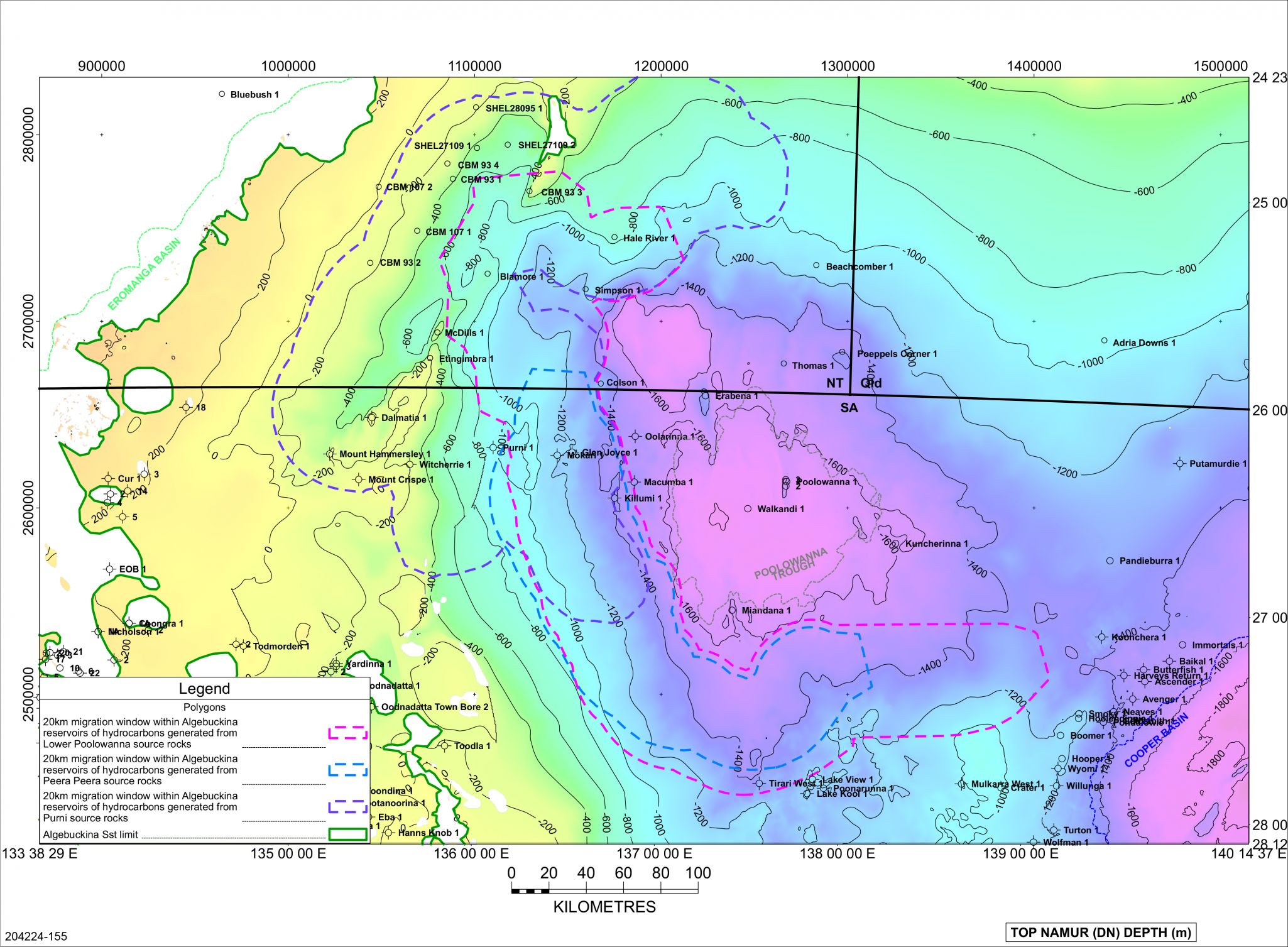 Possible migration extent of hydrocarbons from mature source rocks within the Algebuckina Sandstone