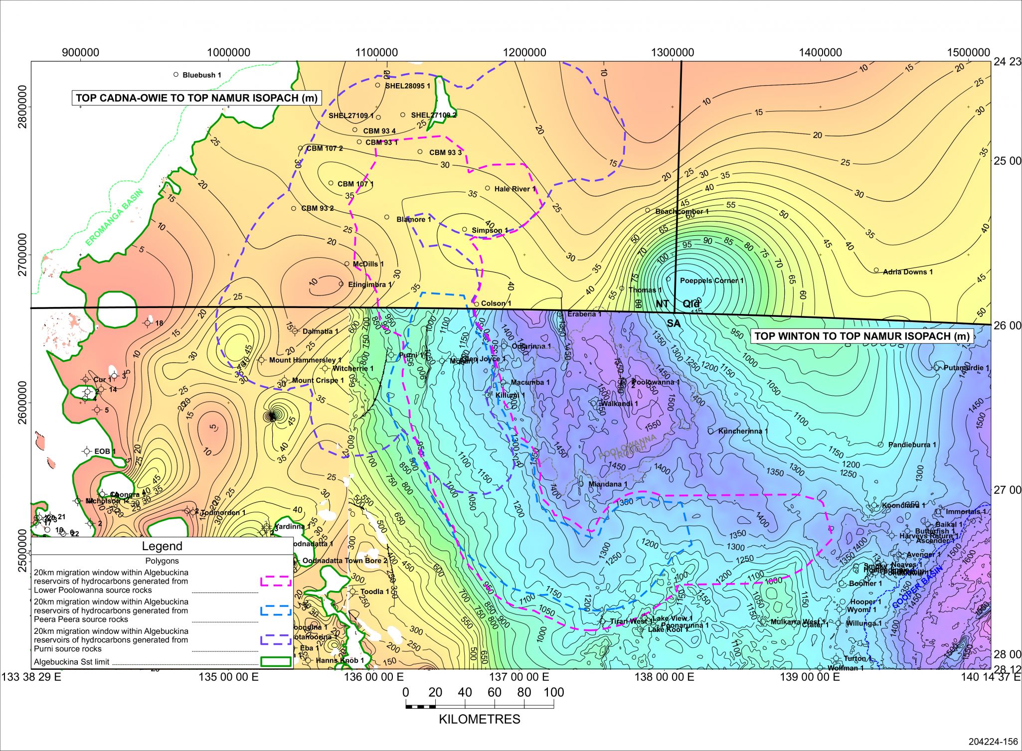 Possible structure at time of migration of hydrocarbons into Algebuckina reservoirs in the Poolowanna Trough region (with additional mapping required).