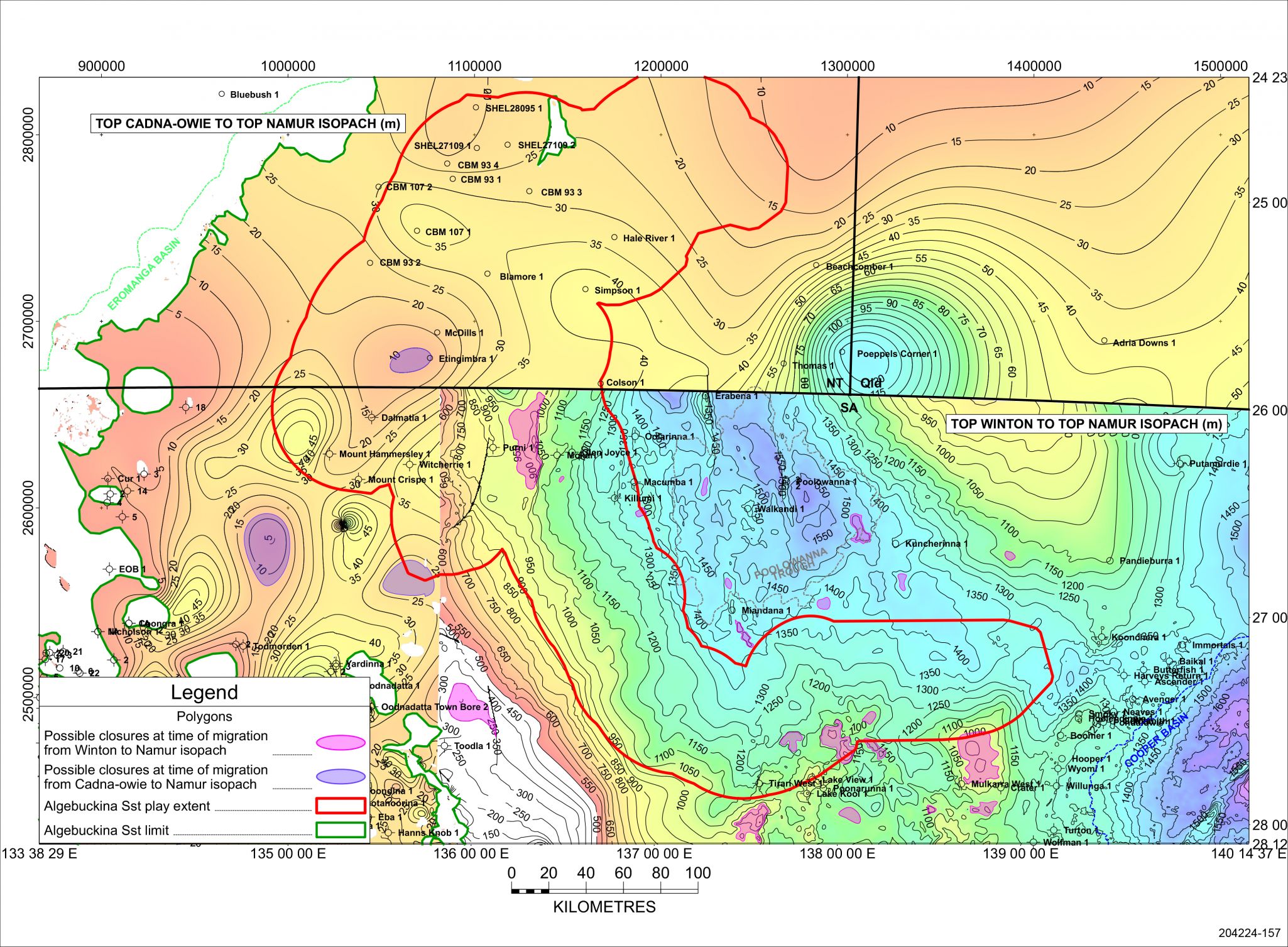Structural closures within the Algebuckina Sandstone play area at potential time of migration.