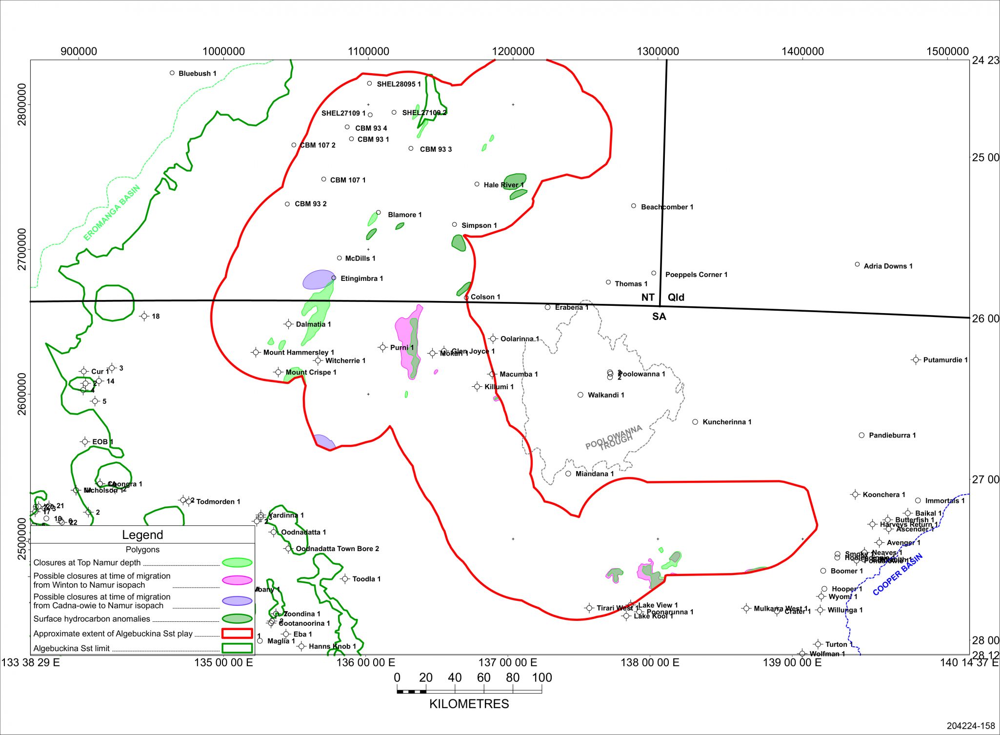 Structures within the Algebuckina Sandstone play area at time of hydrocarbon migration (pink and lilac) and Present Day (green).