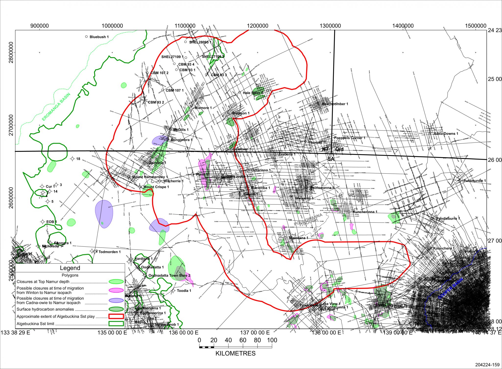 Seismic coverage used to define structures within the Algebuckina Sandstone play area, at time of hydrocarbon migration and Present Day.