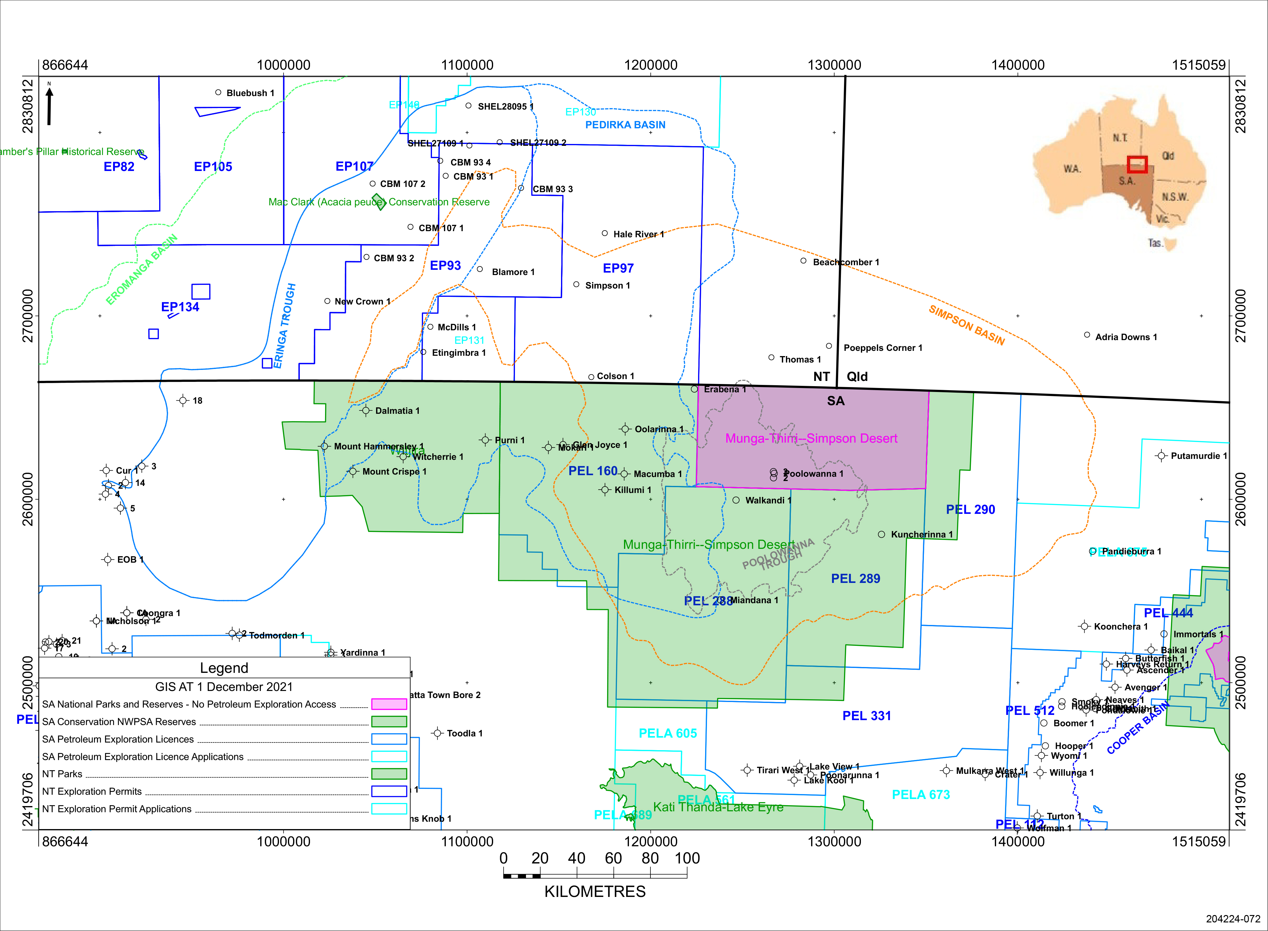 Petroleum exploration permits, regional reserves and conservation parks in the Poolowanna Trough region as at December 2021