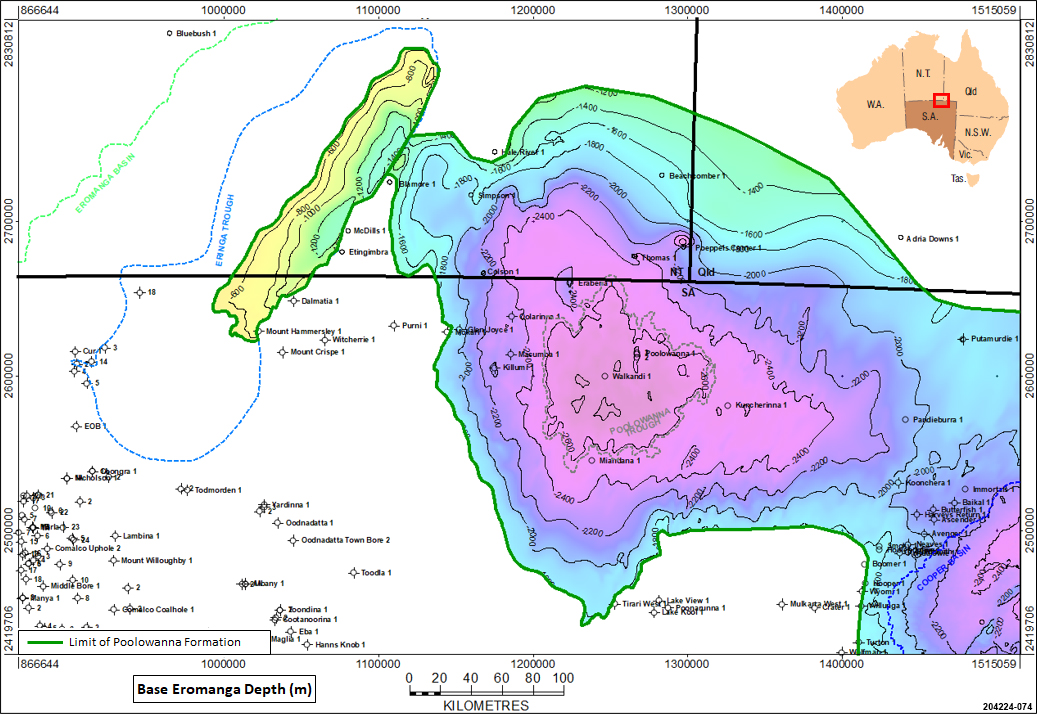 Extent of the Poolowanna Formation reservoir in the Poolowanna Trough and the Eringa Trough