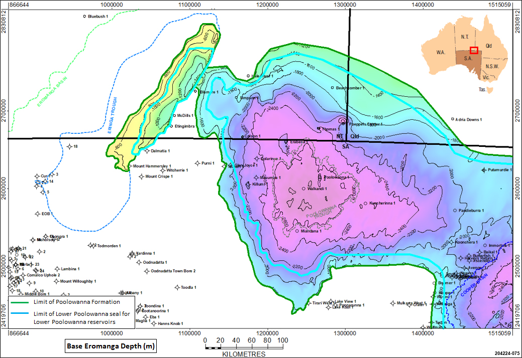 Extent of the Lower Poolowanna Formation, hence likely area of sealed Lower Poolowanna Formation reservoirs in the Poolowanna Trough and the Eringa Trough