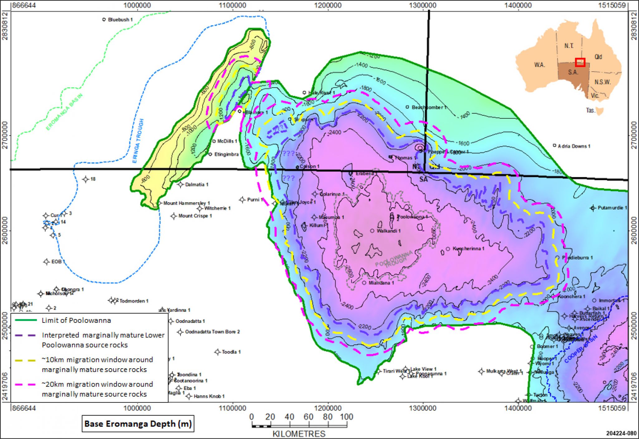Potential limit of migration extent from marginally mature Lower Poolowanna Formation source rocks in the Poolowanna Trough and Eringa Trough.