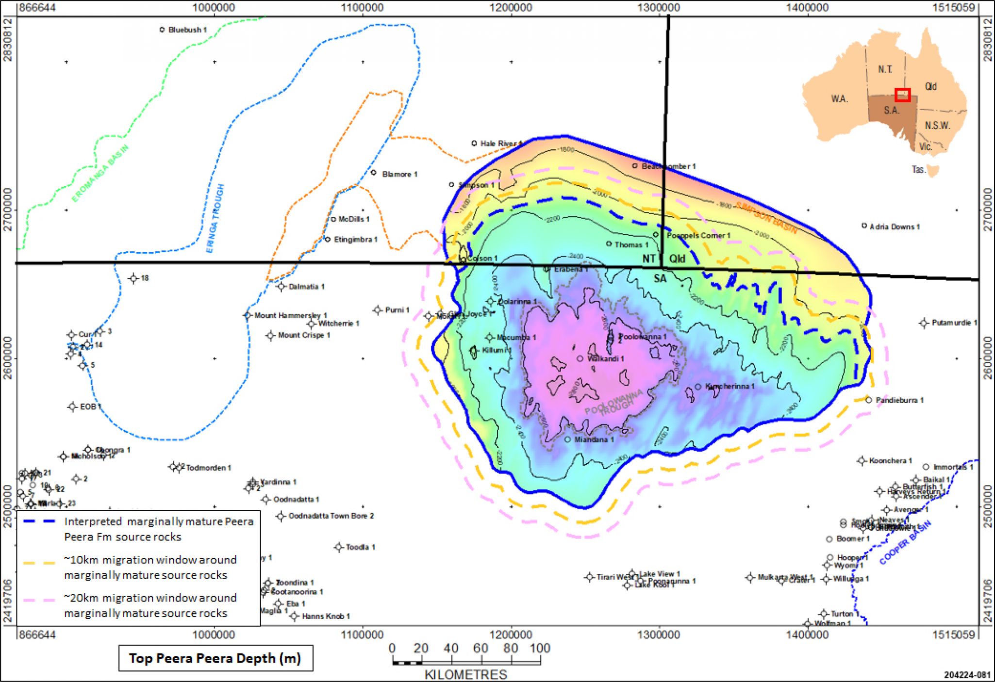 Potential limit of migration extent from marginally mature Peera Peera Formation source rocks in the Poolowanna Trough.