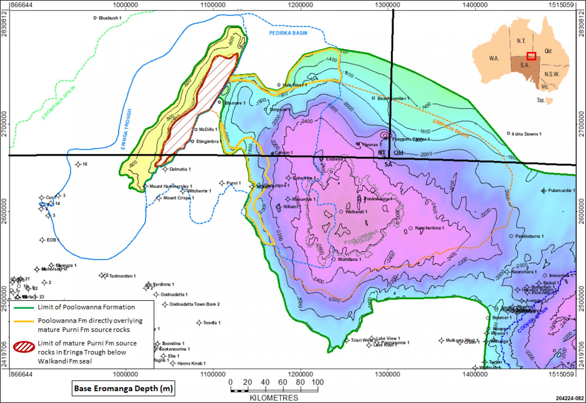 Extent of Poolowanna Formation directly overlying mature Purni Formation in the Pedirka Basin