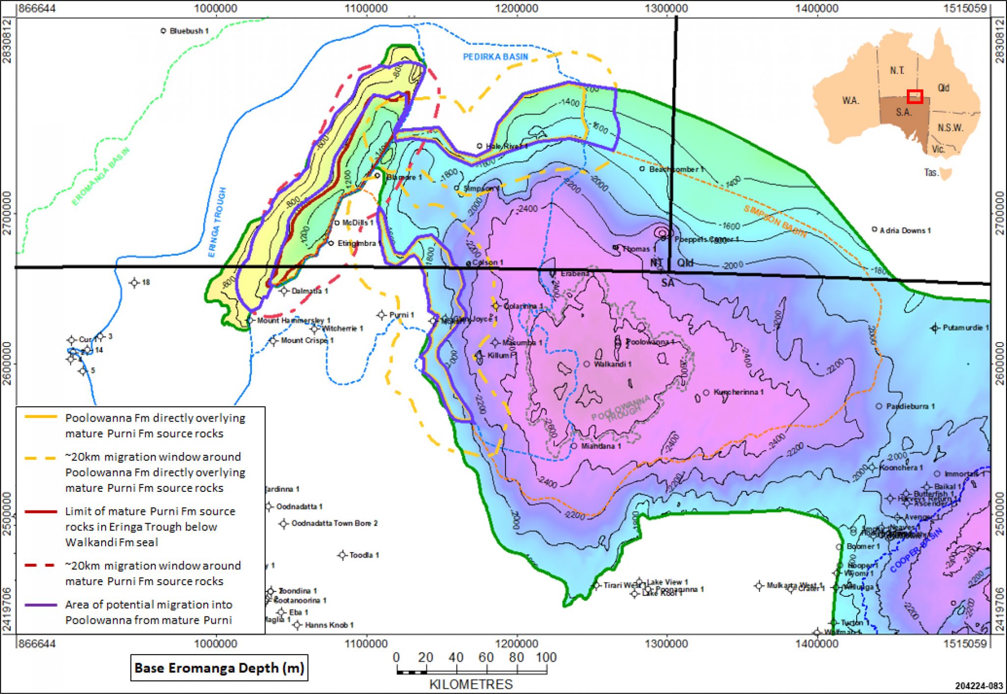 Potential limit of migration extent from marginally mature Purni Formation in the Pedirka Basin