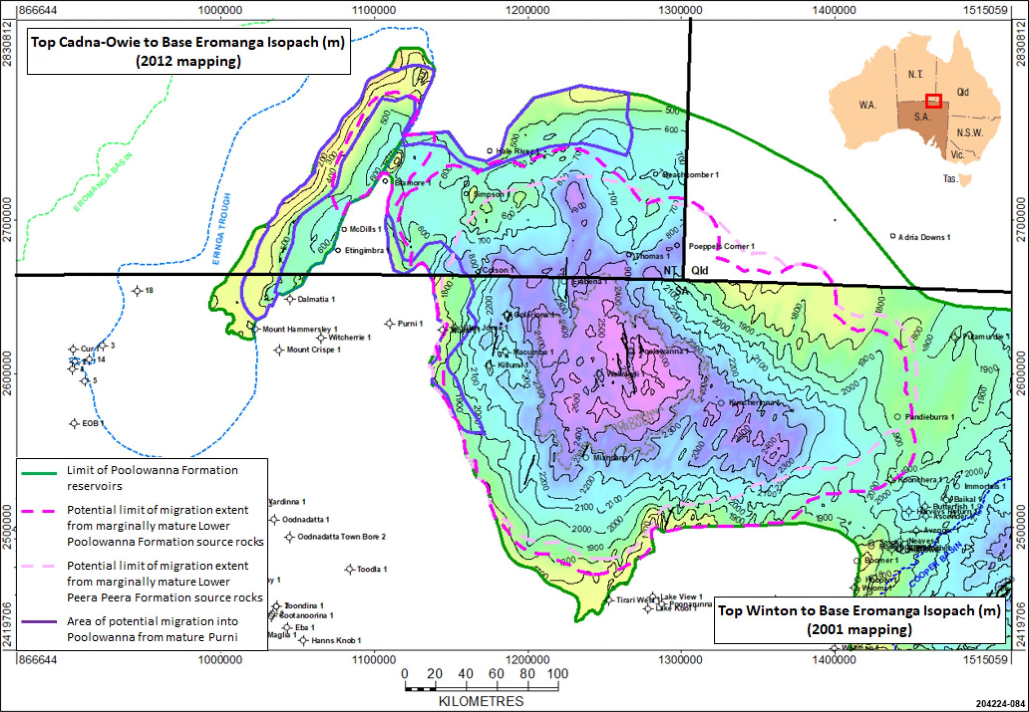 Possible structure at time of migration of hydrocarbons into Poolowanna reservoirs in the Poolowanna Trough and Eringa Trough areas