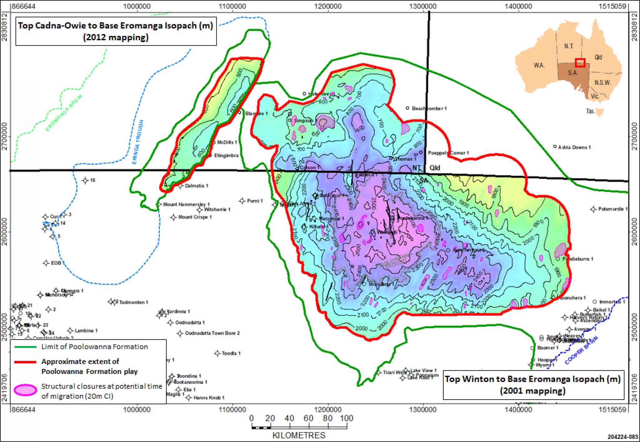 Structural closures within the Poolowanna Formation play area at potential time of migration