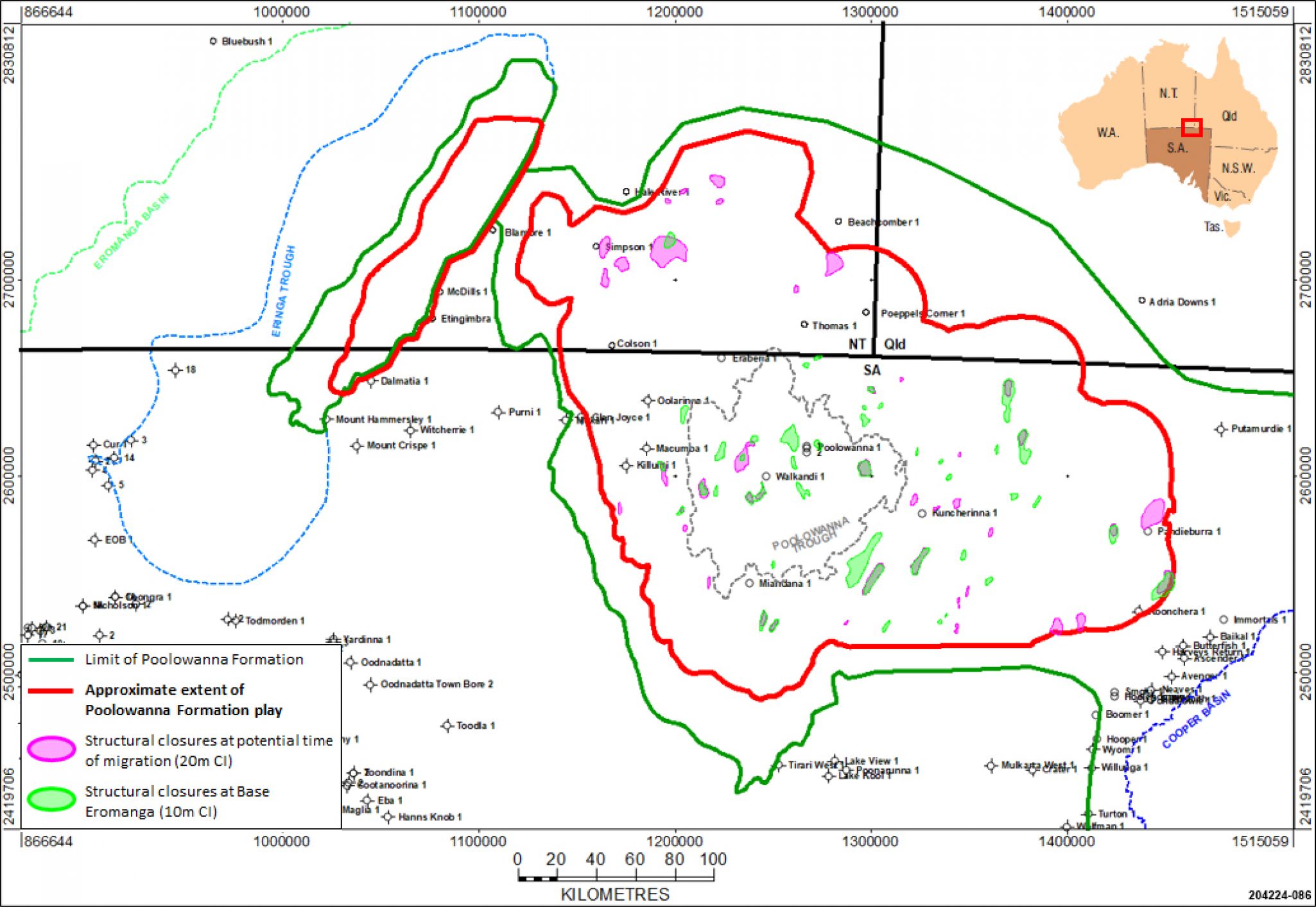 Structures within the Poolowanna Formation play area at time of hydrocarbon migration (pink) and Present Day (green)