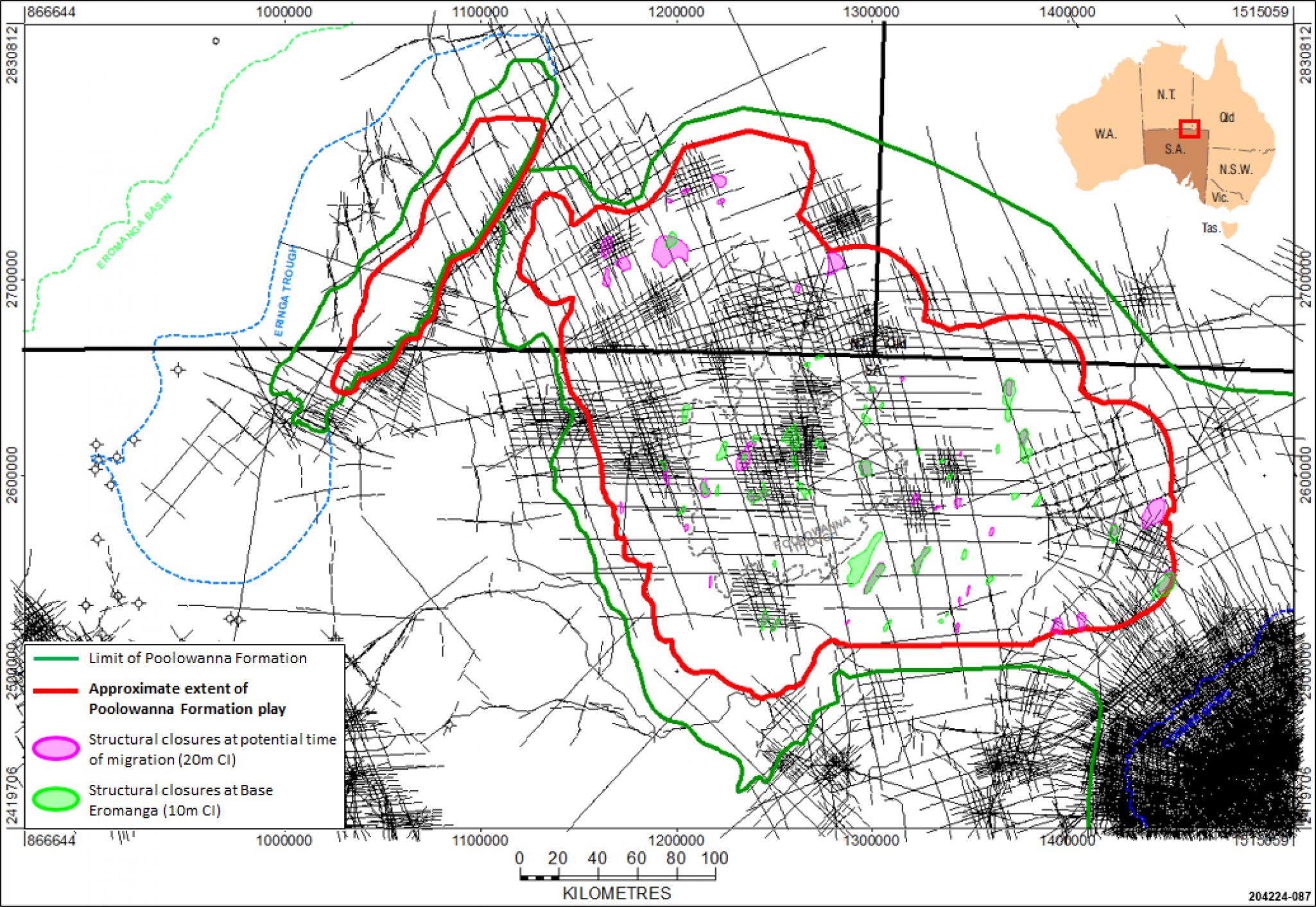 Seismic coverage used to define structures within the Poolowanna Formation play area, at time of hydrocarbon migration and Present Day