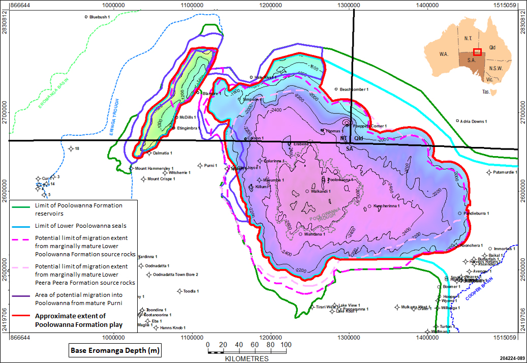 Approximate extent of the Poolowanna Formation play in the Poolowanna Trough and the Eringa Trough