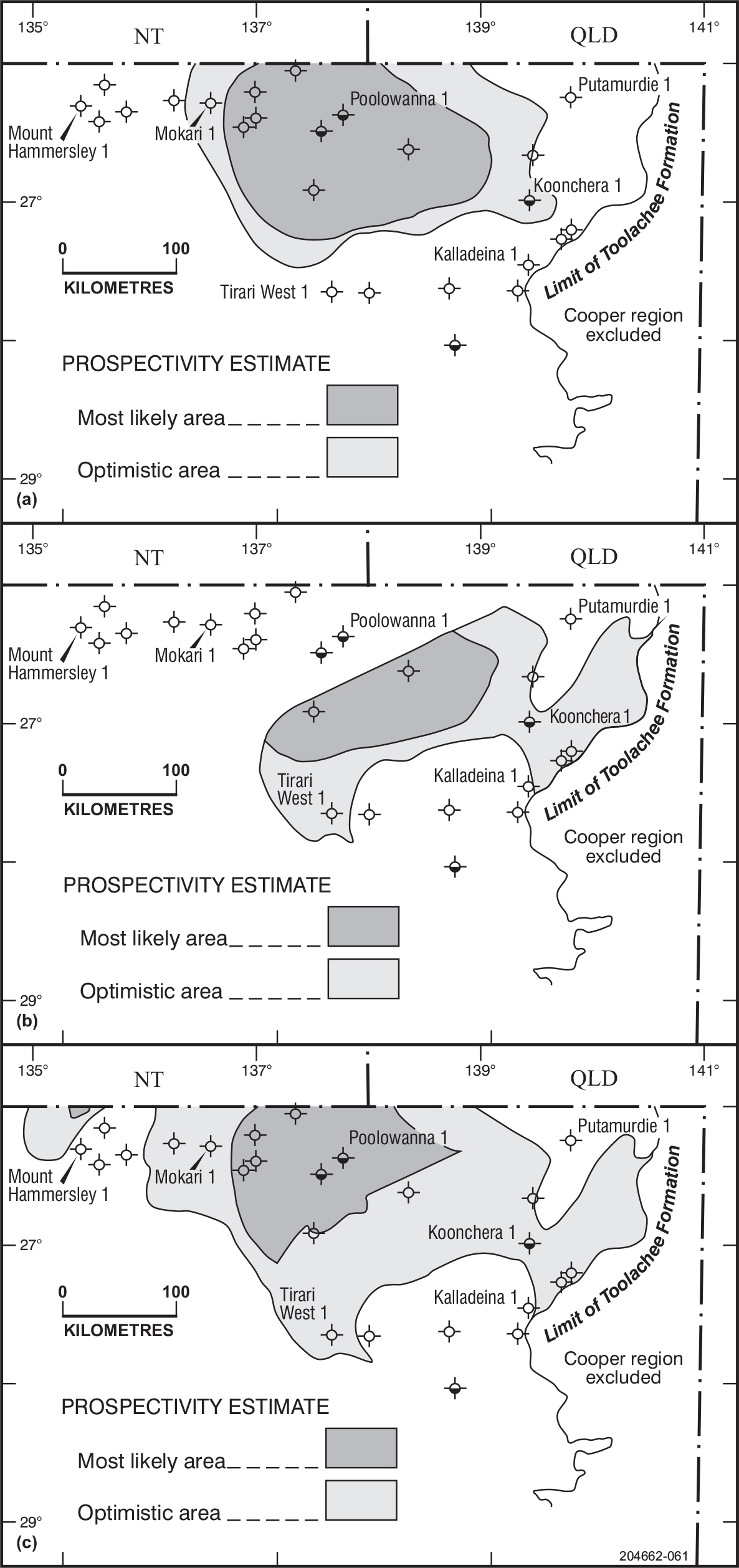 Prospectivity of the western Eromanga Basin: (a) Poolowanna Formation; (b) Hutton Sandstone; (c) Namur–Algebuckina Sandstones