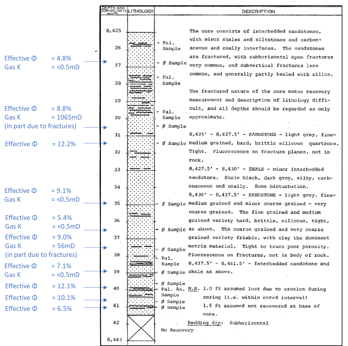 Description and analyses of core 3 in the lowermost Poolowanna Formation in Poolowanna 1 (excerpt from Well Completion Report)