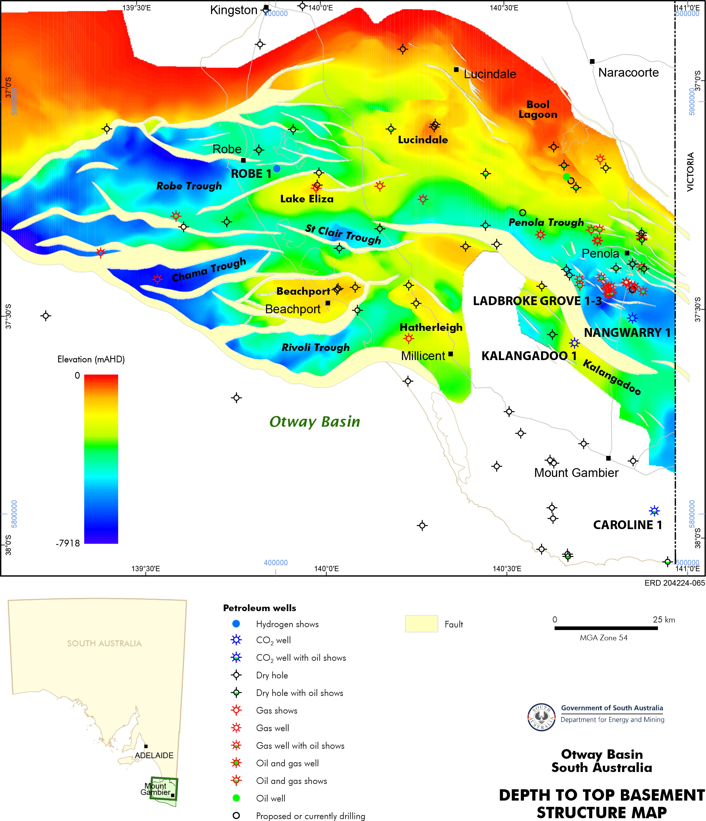 Otway Basin, South Australia. Depth to top basement structure map, with location of selected wells.