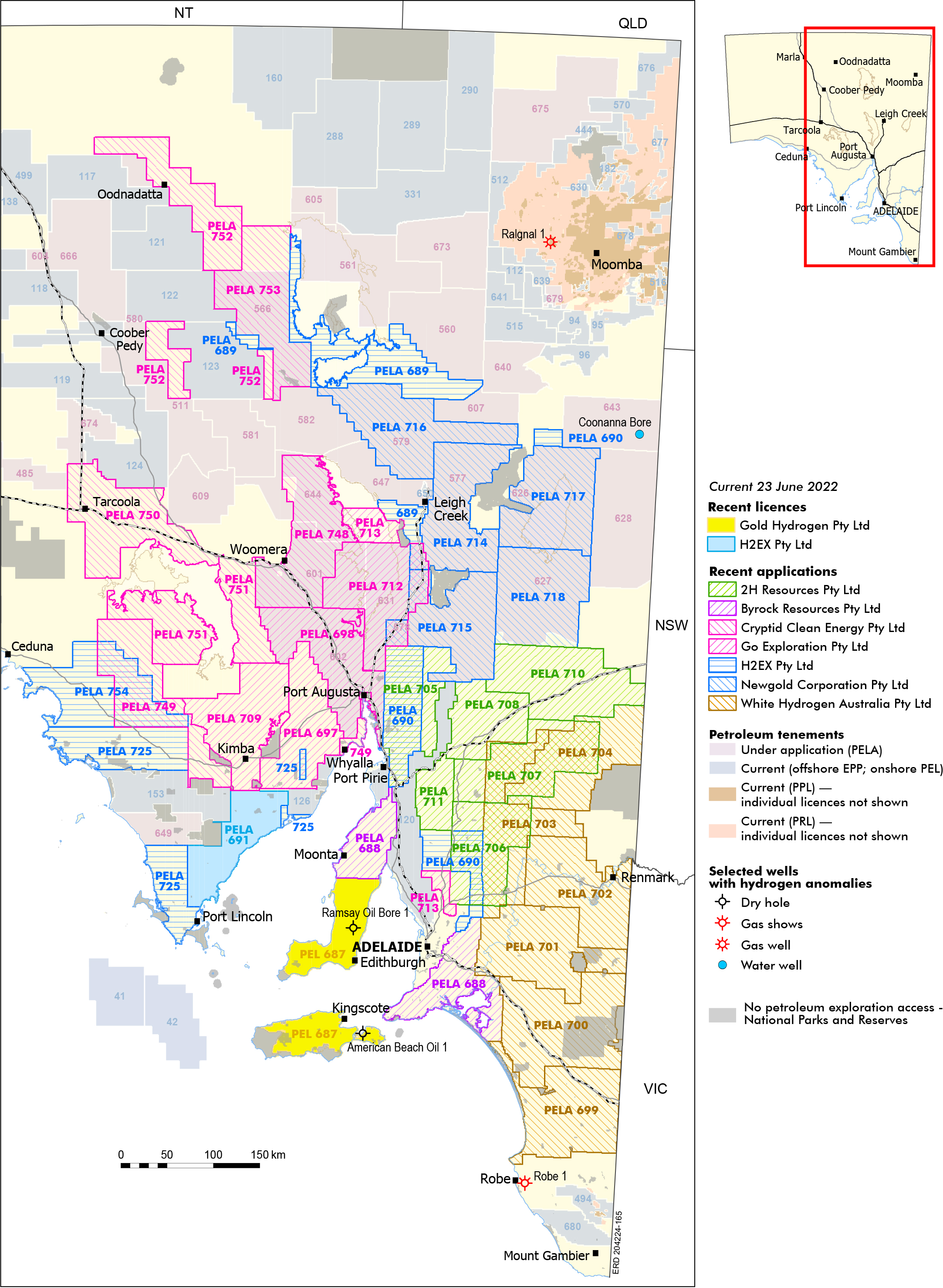 Hydrogen licences and applications in South Australia, colour-coded by company