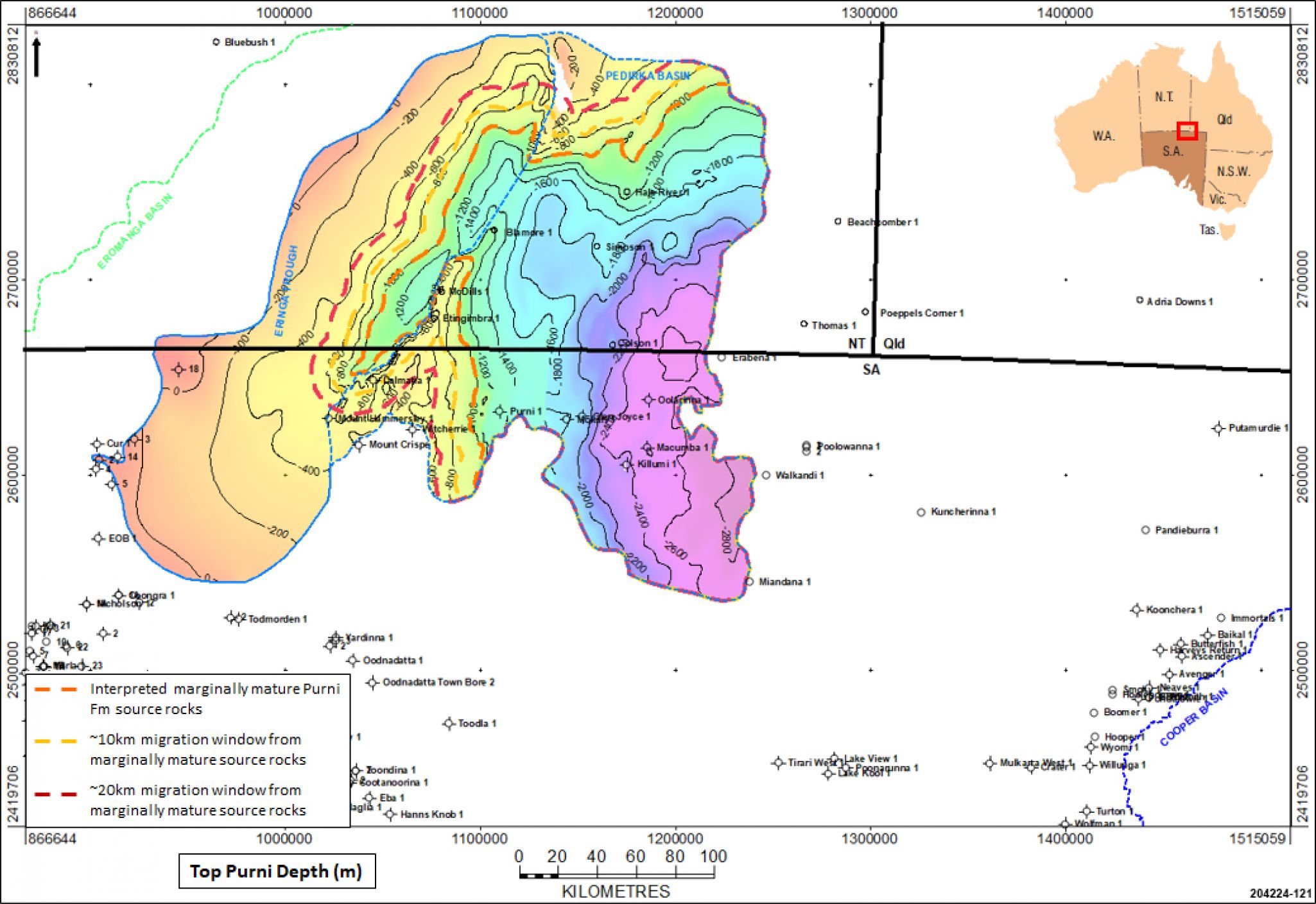 Potential limit of migration extent from marginally mature Purni Formation source rocks in the Pedirka Basin