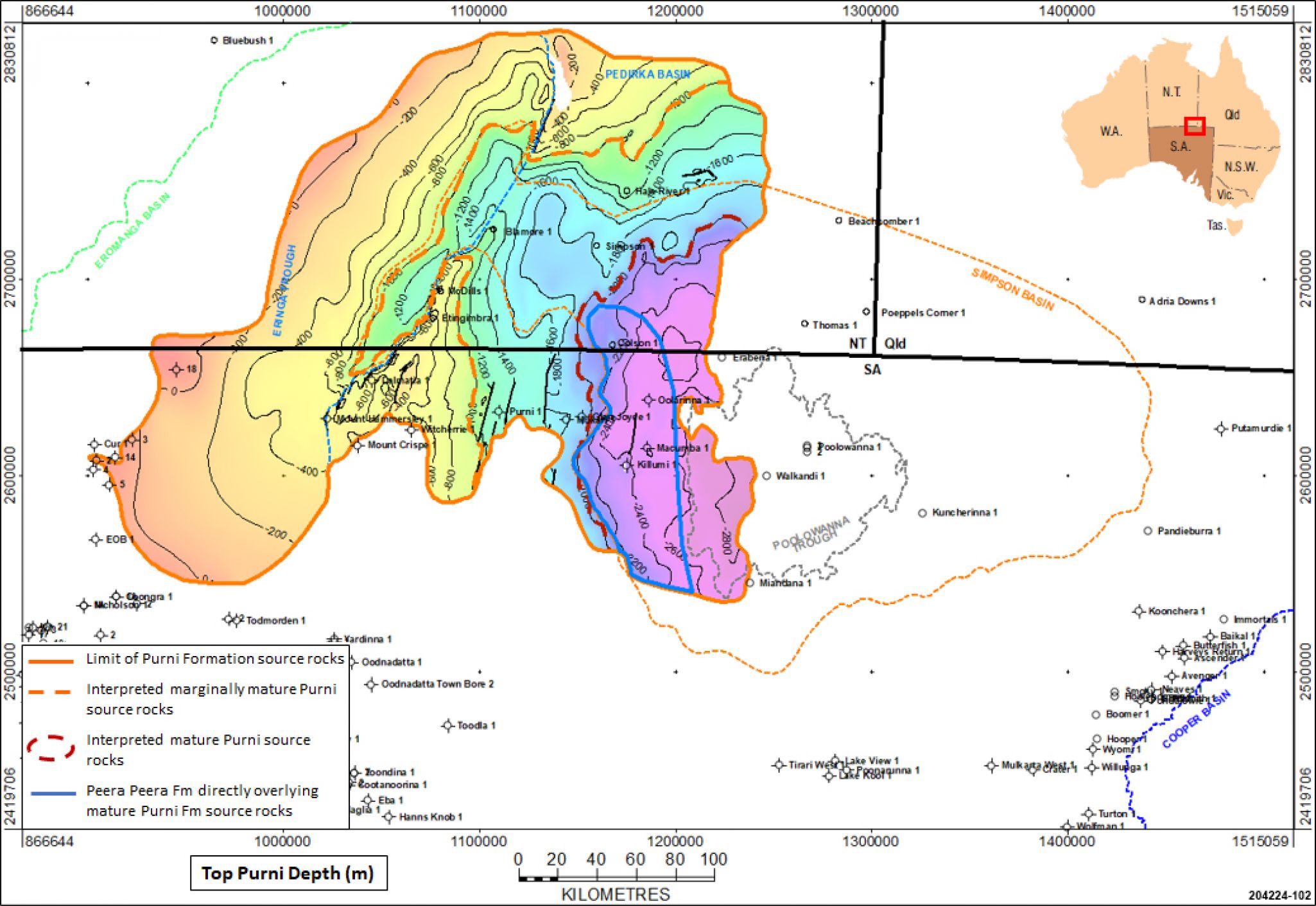 Approximate extent of Peera Peera Formation directly overlying mature Purni Formation source rocks of the Pedirka Basin