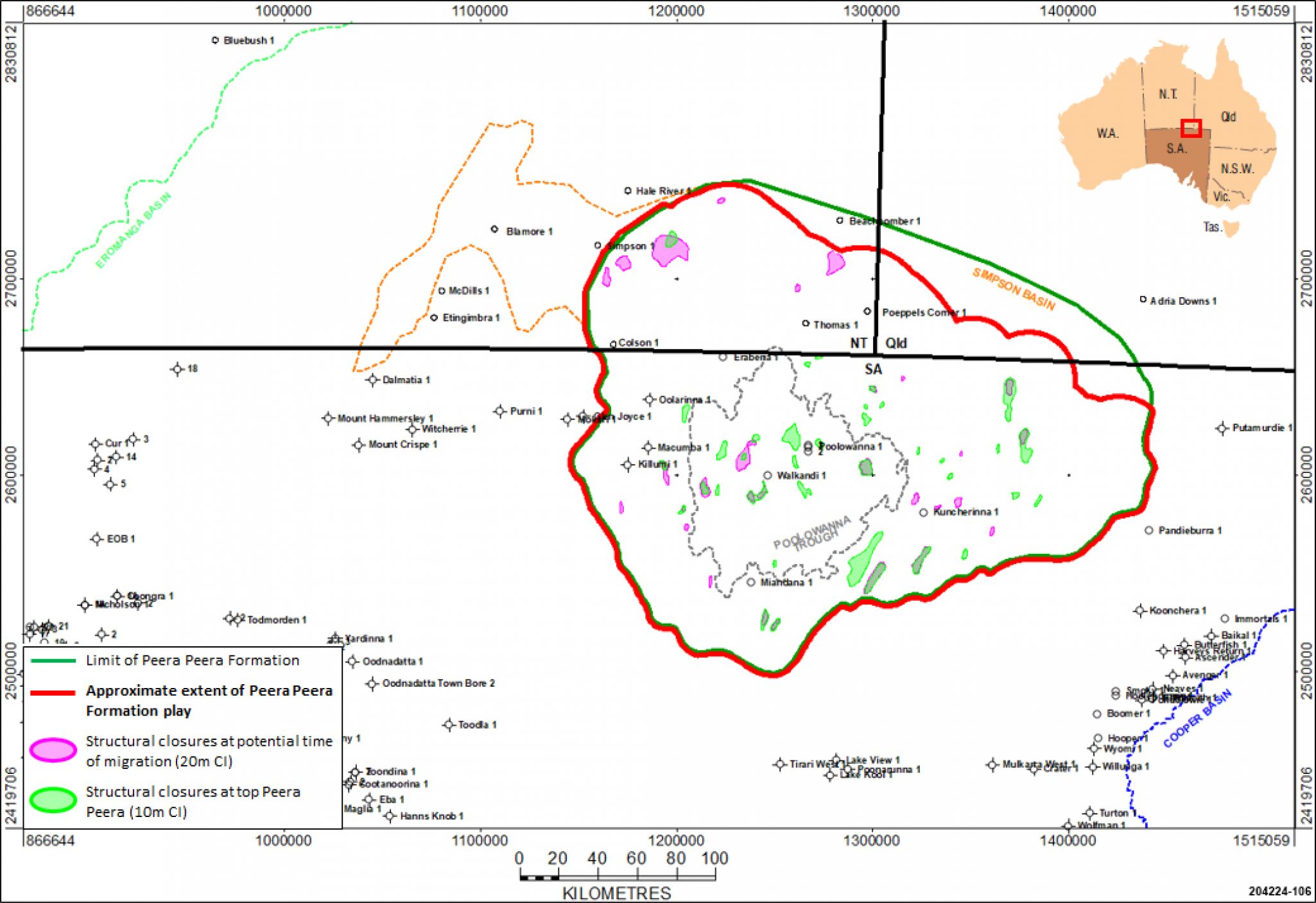 Structures within the Peera Peera Formation play area at time of hydrocarbon migration (pink) and Present Day (green)